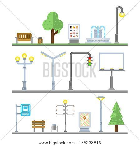 Urban landscape icons. Traffic lights and lanterns, bench and fountain street elements. Icon urban element, billboard urban, lamppost urban, signboard and irban advertisement, vector illustration