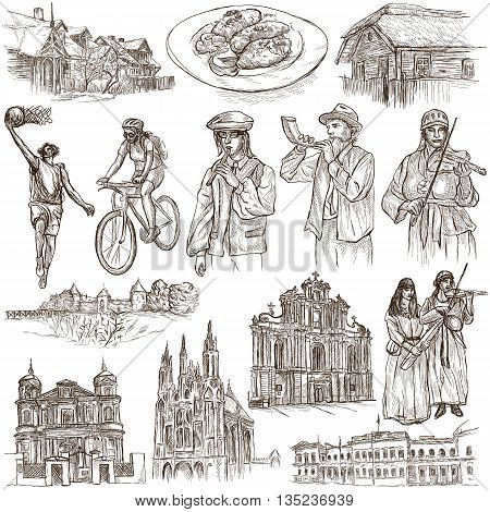 Travel series Republic of LITHUANIA - Pictures of Life. Collection of an hand drawn illustrations. Pack of full sized hand drawn illustrations set of freehand sketches. Drawing on white background.