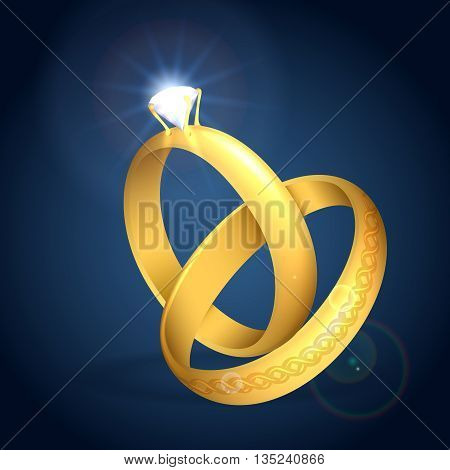 Wedding rings with diamond. Pair of golder rings. Vector illustration