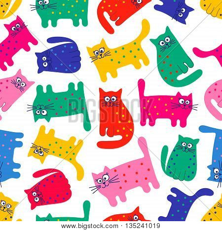 Vector seamless pattern with colorful cats. Funny cats. Cartoon hand drawn pattern for children. Bright colors on white background.