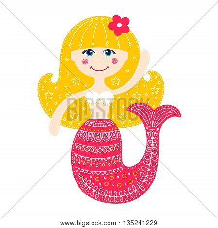 Cute mermaid. Vector hand drawn flat mermaid with doodle ornament. Isolated. Bright colors - pink yellow white. On white background. Design for children.