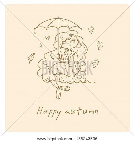 Greeting card with little cutr cartoon mermaid under umbrella. Autumn season. Rainy weather. Leaf fall. Children's illustration. Vector contour image. Beautiful fairy girl.