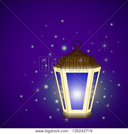 Greeting Card Ramadan Kareem with a lit flashlight Arabic. Vector illustration