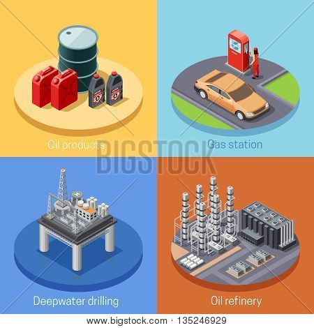 Oil industry isometric 4 icons square poster with refinery plant and gas station abstract isolated vector illustration