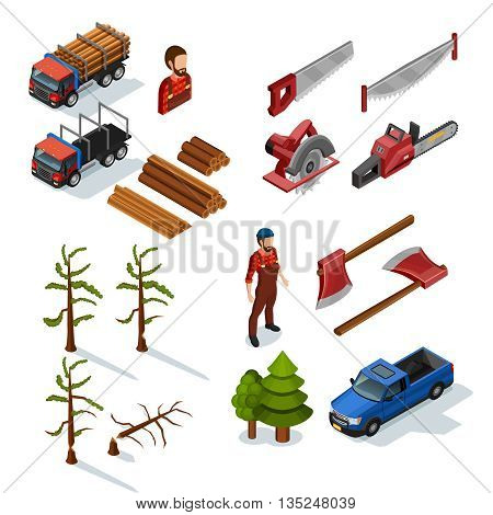 Lumberjack isometric color icons set of woodworking tools lumber trucks woodcutters in uniform  on white background flat isolated vector illustration