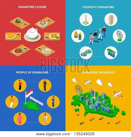 Singapore map with touristic attractions megapolis cityscape and national cuisine 4 isometric icons poster abstract vector isolated illustration