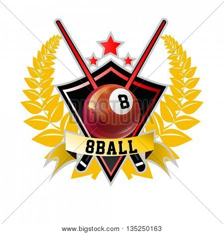 Vector Design Billiards, pool and snooker sport icon. Poolroom emblems design with balls, laurel wreath. Vector Illustration. Isolated on White.