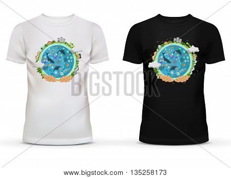 White and black sportswear t-shirt with u-neck collar and short sleeve for teenager and adult with print or advertisement of hands holding earth with houses or buildings on circumference and ocean