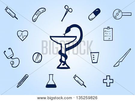 Set of medical dark blue icons on a light blue background