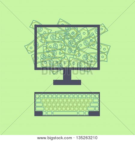 Online business earning concept. Dollars from monitor. Vector illustration of web income start up e-business e-commerce virtual money finance