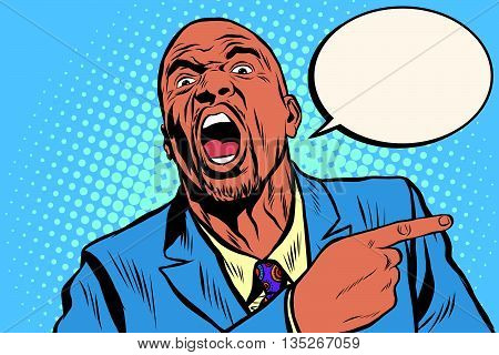 Emotional strong black man pointing finger, an African American businessman pop art retro vector
