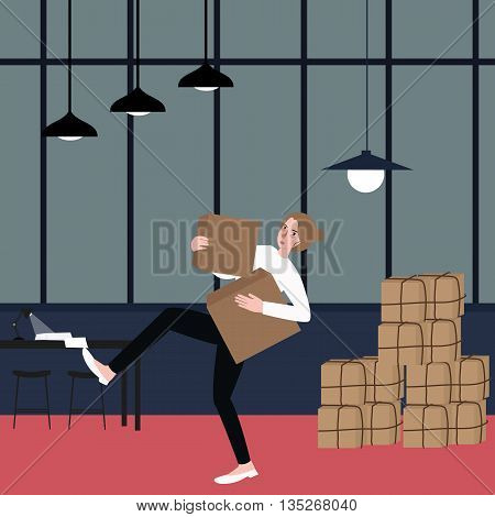 woman almost fall holding bring cardboard box with pile of stacking package behind vector