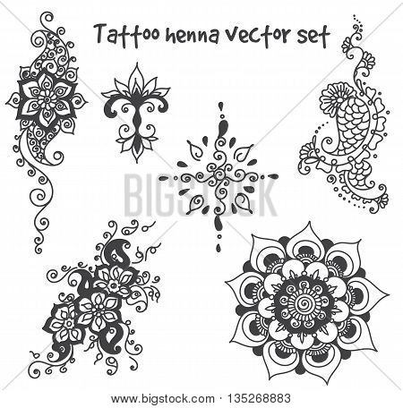 Vector abstract patterns of tattoo henna. Zentangle paisley and flower. Stock mehndi set for design on white background.