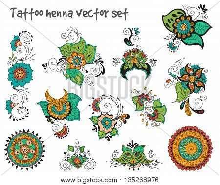 Vector abstract patterns of tattoo henna. Zentangle paisley and flower. Stock mehndi set for design on white background.