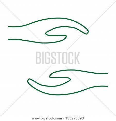 Sign two care hands. Image of protection. Colorfull symbol isolated on white background. Careful concept. Logo for conservation. Light flat silhouette. Protect mark. Stock vector illustration