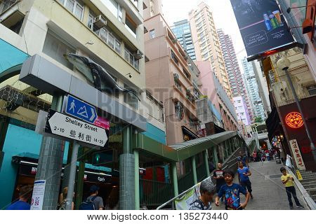 HONG KONG - NOV 9: Shelley Street and Central Mid-Levels Escalator near Staunton Street in SoHo on Nov 9, 2015 in Hong Kong. SoHo is an entertainment area get its name of South of Hollywood Road.