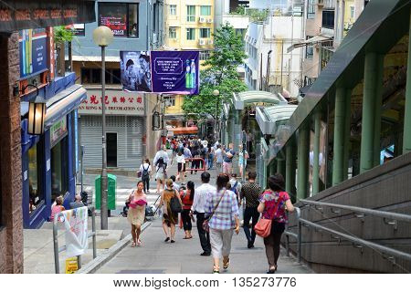 HONG KONG - NOV 9: Shelley Street and Central Mid-Levels Escalator near Staunton Street in SoHo on Nov 9, 2015 in Hong Kong. SoHo is an entertainment area get its name of South of Hollywood Road.
