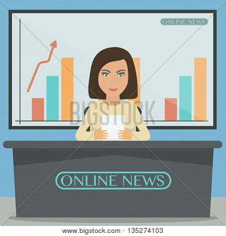 Anchorman, news announcer in the studio. Vector illustration.
