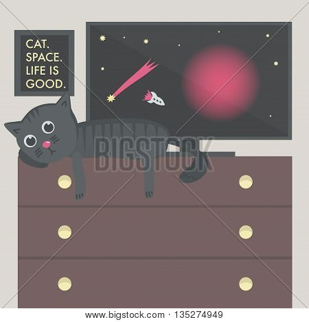 Cat on the table, space on the TV, the picture with inscription Cat, space, life is good on the wall. Vector illustration.