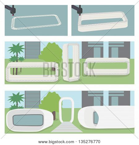 First functional 3D printed office building. Vector illustration.