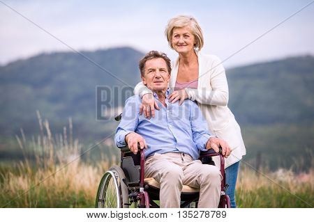 Senior Woman Pushing Man In Wheelchair, Green Autumn Nature