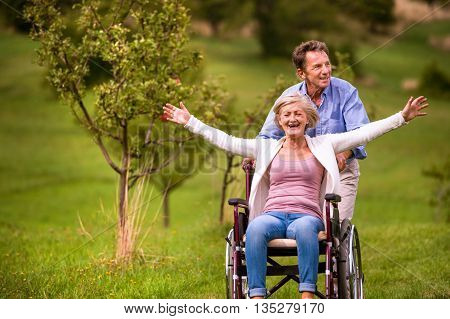 Senior Man Pushing Woman In Wheelchair, Green Autumn Nature