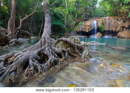 Waterfalls In Deep Forest at Erawan Waterfall in National Park Kanchanaburi Thailand