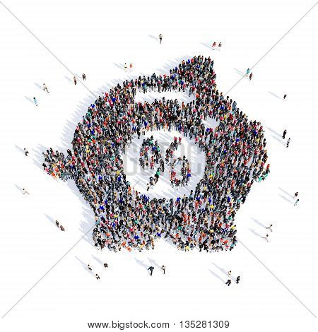 Large and creative group of people gathered together in the shape of a money box . 3d illustration, isolated, white background.