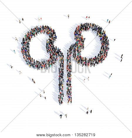 Large and creative group of people gathered together in the shape of human kidneys, medicine, image. 3D illustration, isolated, white background.