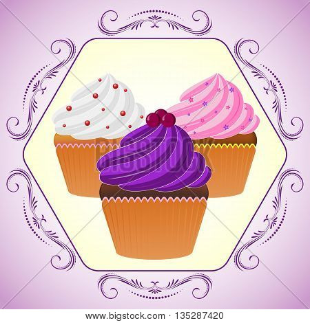 Vector illustration. Bright Cupcakes Set in fancy purple frame