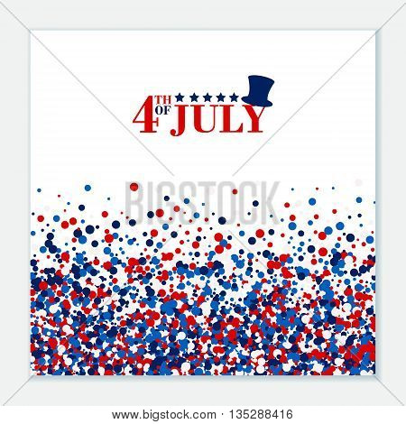 4th of July festive greeting card with top hat and stars on scatter circles background.