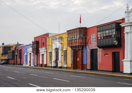 Trujillo, Peru - January 11, 2014: Colorful colonial houses in Trujillo downtown Peru