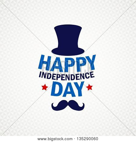 Happy Independence Day greeting card with top hat, mustache and stars on grey triangle background.