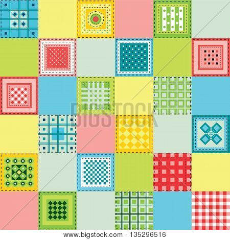 Bright seamless pattern in patchwork style. Vector. Pattern for design greetings card, textile, scrapbook