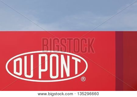 Haderslev, Denmark - May 29, 2016: Du Pont sign on a panel. DuPont is one of America's most innovative companies and it is an American chemical company.