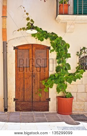 Wooden door. Alleyway of Turi. Puglia. Italy.
