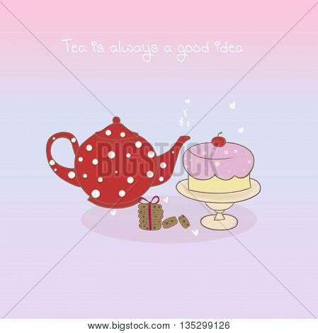 Teapot with cake. Ornate colorful illustration. Vintage engraving style.