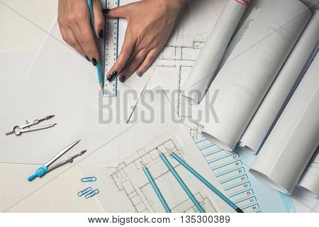 Workplace Of Architect - Architect Rolls And Plans. Architectural Plan,technical Project Drawing. En