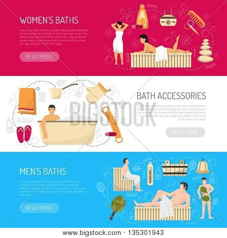 Public bath house sauna website page 3 horizontal banners with accessories and information abstract isolated vector illustration