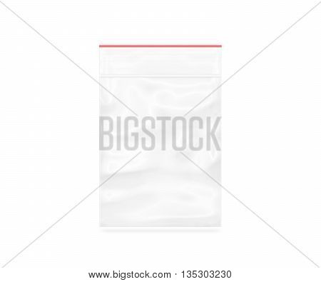 Plastic transparent zipper bag isolated on white 3d illustration. Clear pack mock up. Vacuum package mockup with red clip.