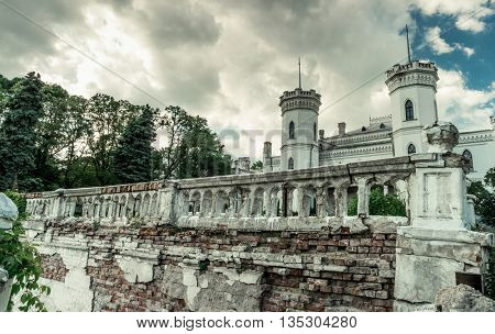 great White Swan castle in Sharivka park, Kharkiv region, Ukraine