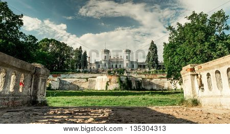 great White Swan castle in Sharivka park, Kharkiv region, Ukraine