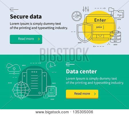 Two horizontal datacenter banner set with headlines secure data and data center vector illustration