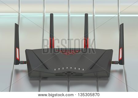 Dual-Band Wireless internet router 3D rendering isolated on silver background