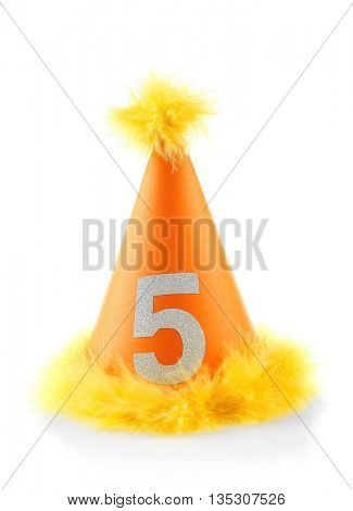 Funny birthday cap with yellow fur isolated on white