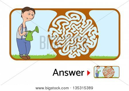 Maze puzzle for kids with gardener and flower. Labyrinth illustration, solution included.