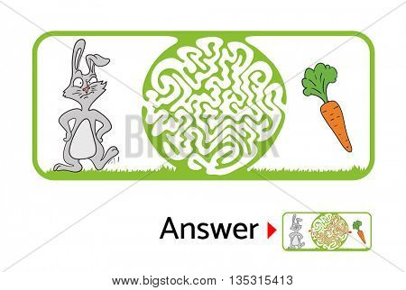 Maze puzzle for kids with rabbit and carrot. Labyrinth illustration, solution included.