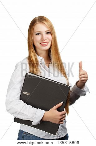 Young smiling woman in business style standing with black folder in hands and thumbs up isolated on white background