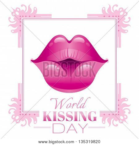 Sexy kissing woman lips with pink lipstick on white background. Icon with text and vintage frame for greeting card design. Beautiful close up kiss vector illustration
