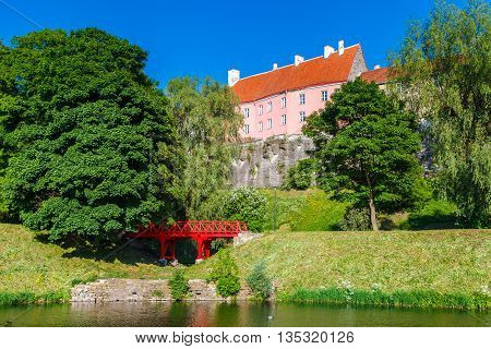 Old Park With Snelli Pond And View Of Toompea Hill In Center Of Tallinn. Estonia.